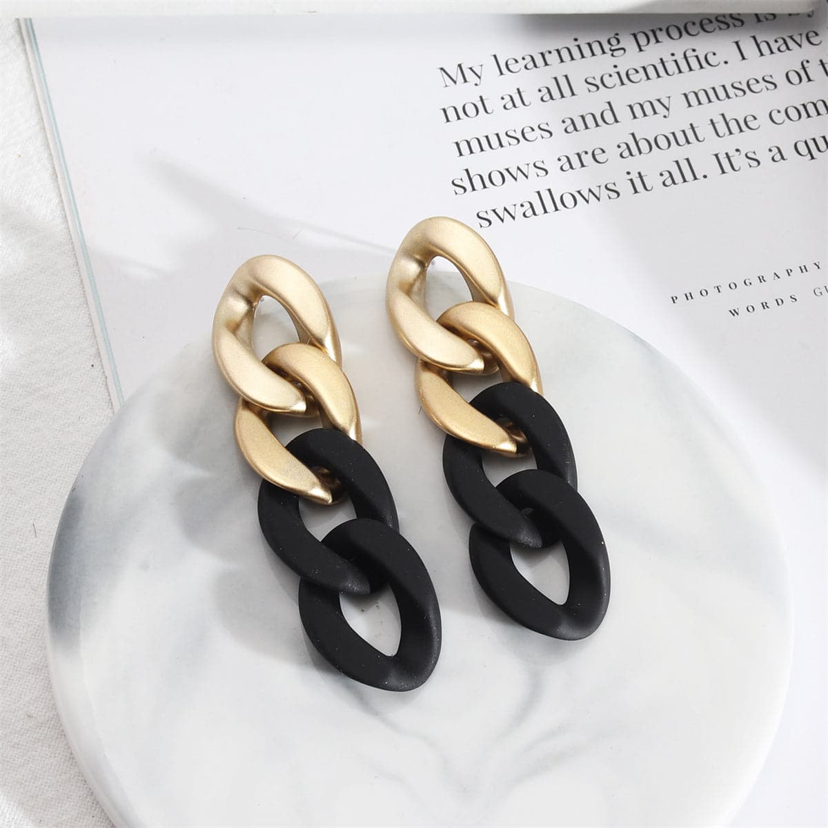 Black Acrylic and 18K Gold-Plated Curb Chain Drop Earrings, gold drop earrings for women, botanical inspired, front view