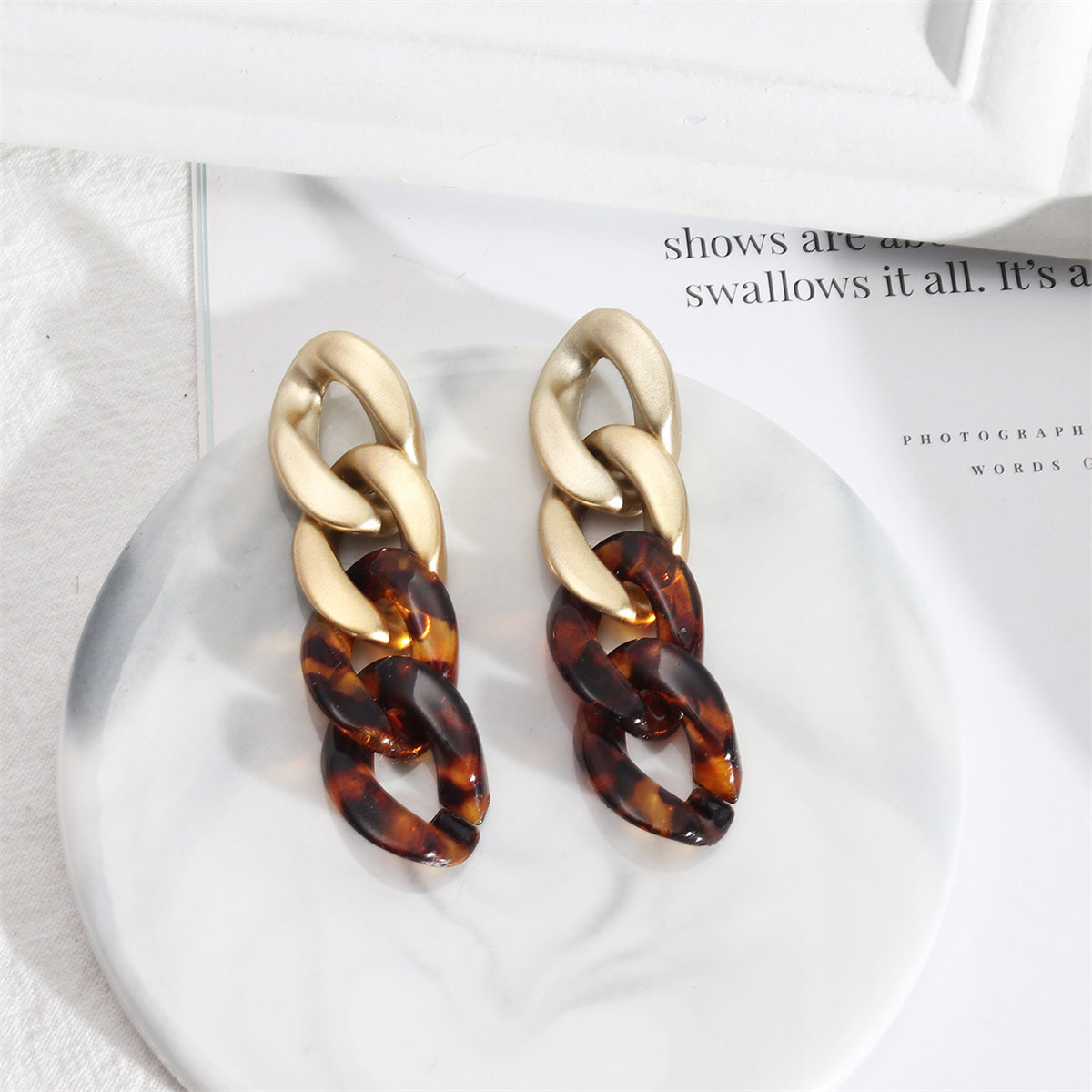 Amber and 18K Gold-Plated Chain Drop Earrings, gold drop earrings for women, dainty minimalist design, front view