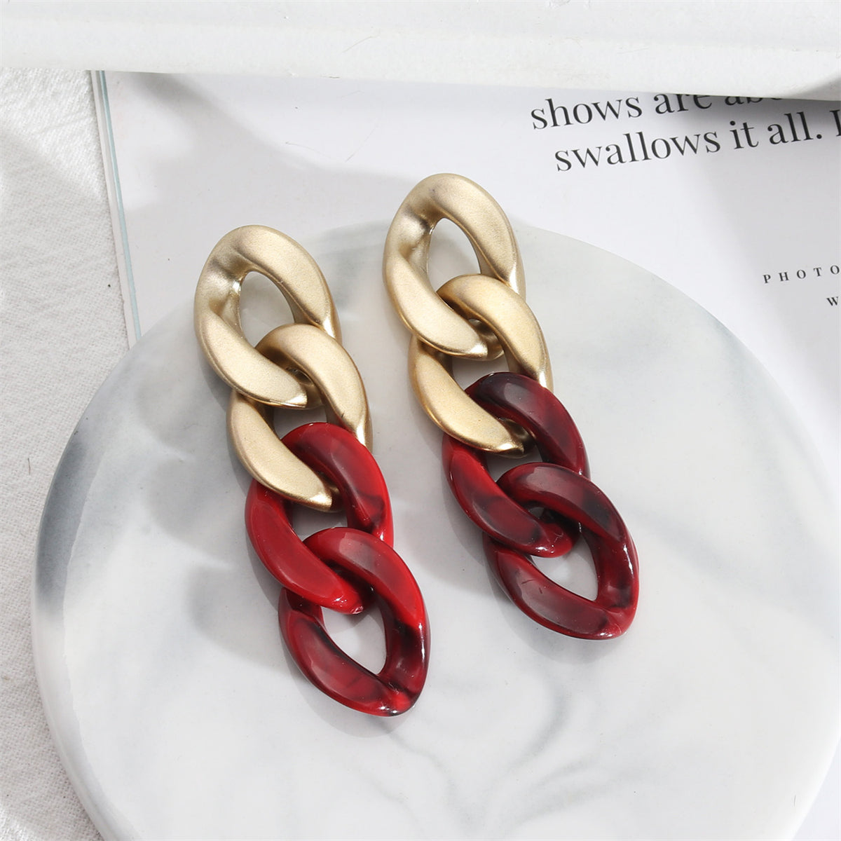 Red Resin and 18K Gold-Plated Chain Drop Earrings, gold drop earrings for women, everyday style, front view