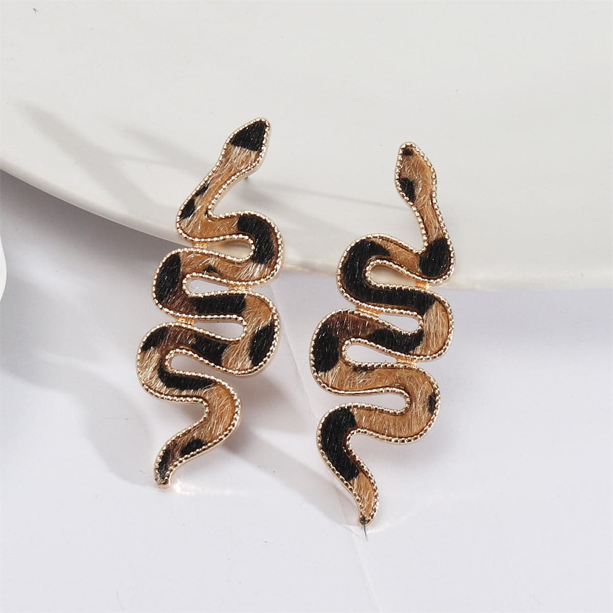 Brown Polyurethane and 18K Gold-Plated Leopard-Print Snake Drop Earrings, gold stud earrings for women, front view