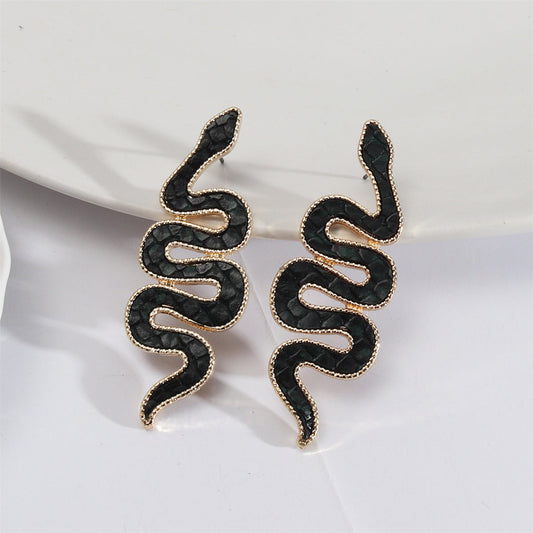 Dark Green Polyurethane and 18K Gold-Plated Snake Drop Earrings, gold stud earrings for women, front view