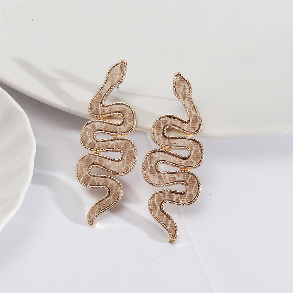 Yellow Polyurethane and 18K Gold-Plated Snake Drop Earrings, gold stud earrings for women, elegant gift for her, front view