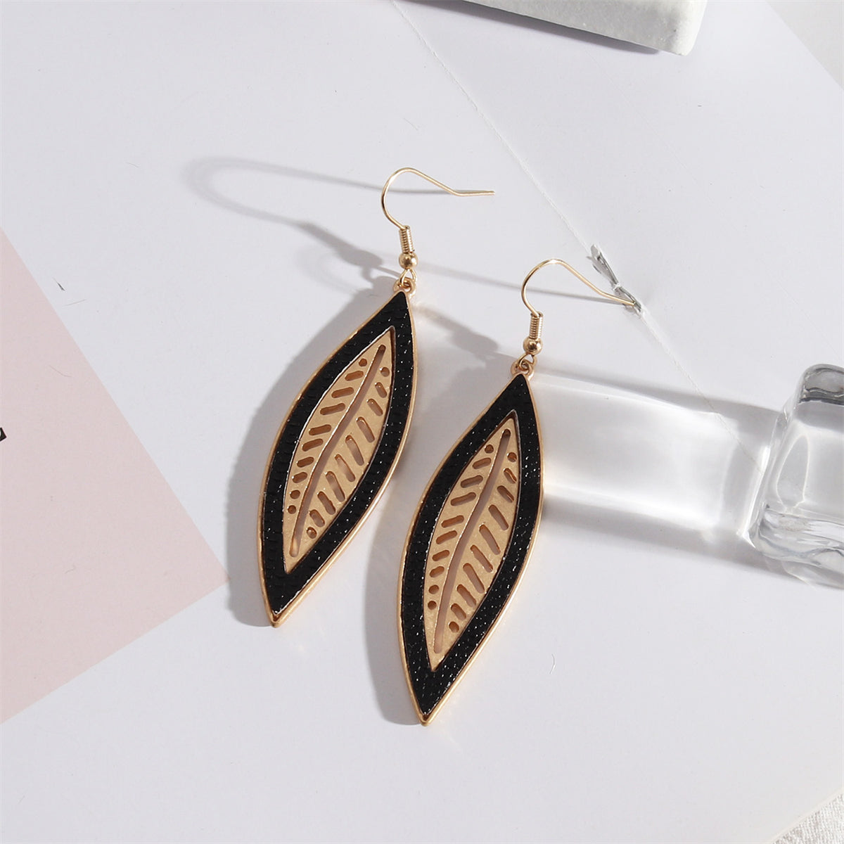 Black Polyurethane & 18K Gold-Plated Leaf Drop Earrings