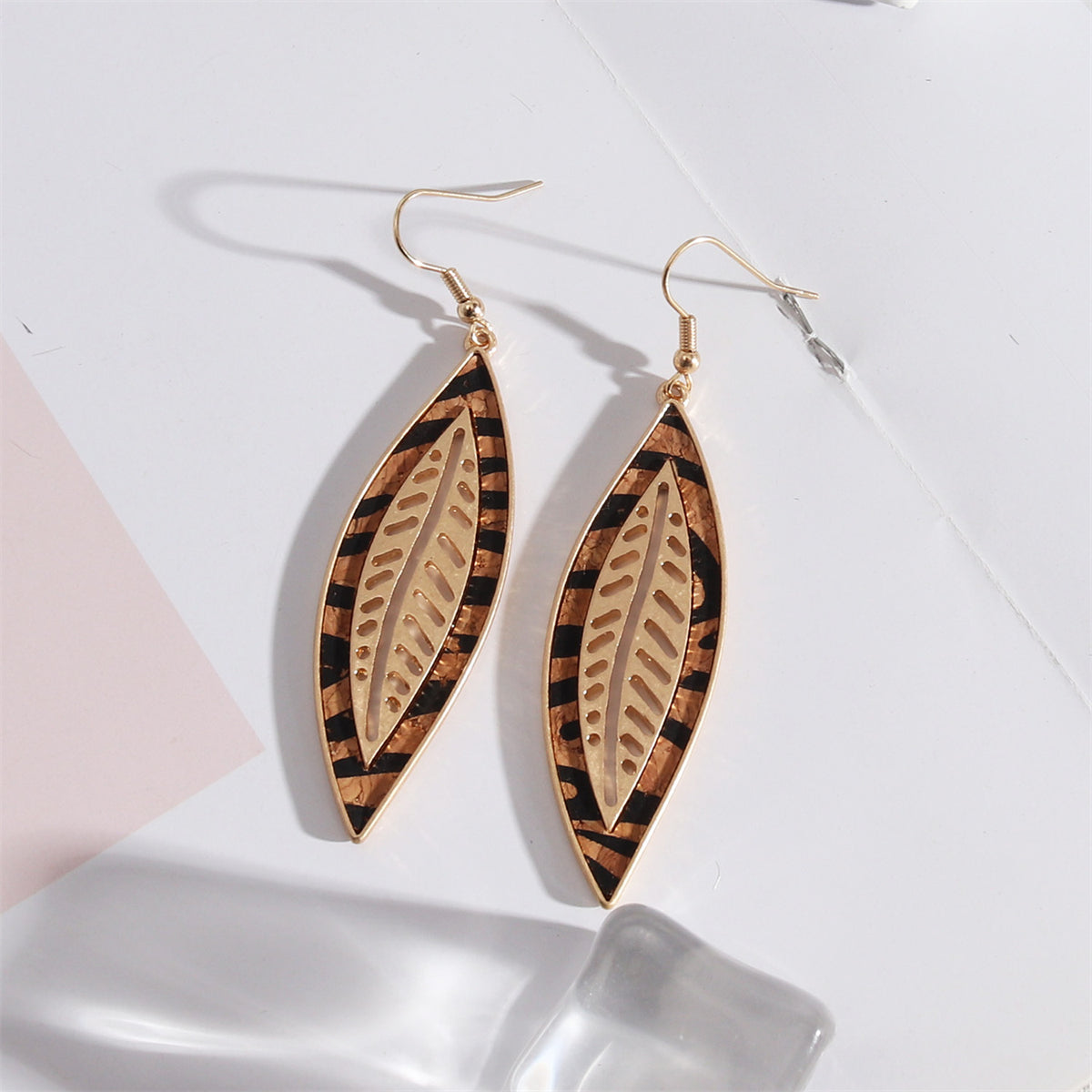 Orange Polyurethane and 18K Gold-Plated Stripped Leaf Drop Earrings, gold drop earrings for women, front view
