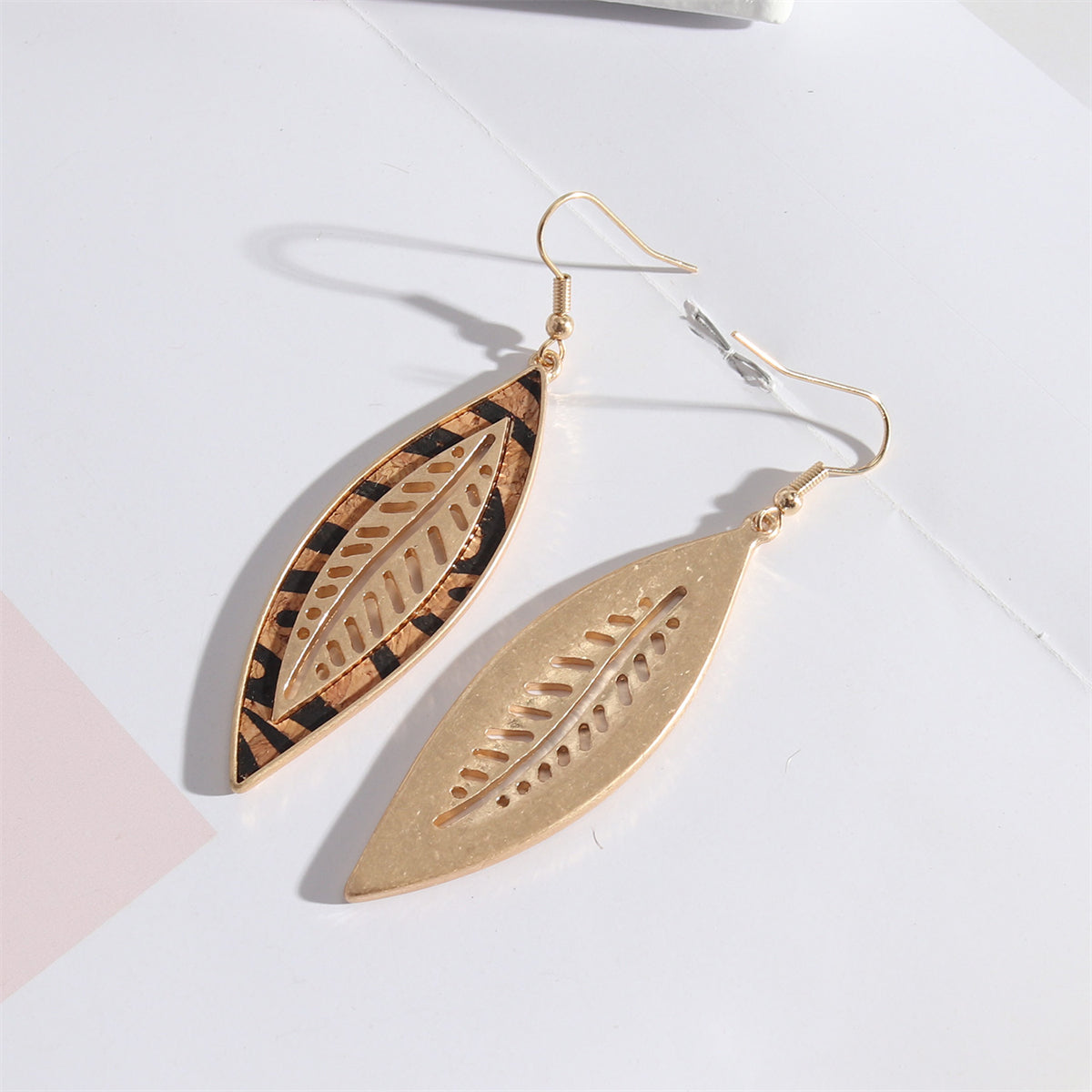 Orange Polyurethane and 18K Gold-Plated Stripped Leaf Drop Earrings, gold drop earrings for women, side view