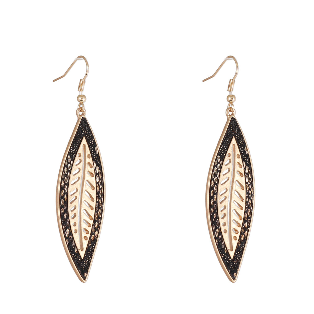 Black Polyurethane and 18K Gold-Plated Leaf Drop Earrings, gold drop earrings for women, vintage-inspired design, side view