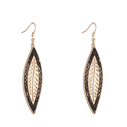 Black Polyurethane and 18K Gold-Plated Leaf Drop Earrings, gold drop earrings for women, vintage-inspired design, side view