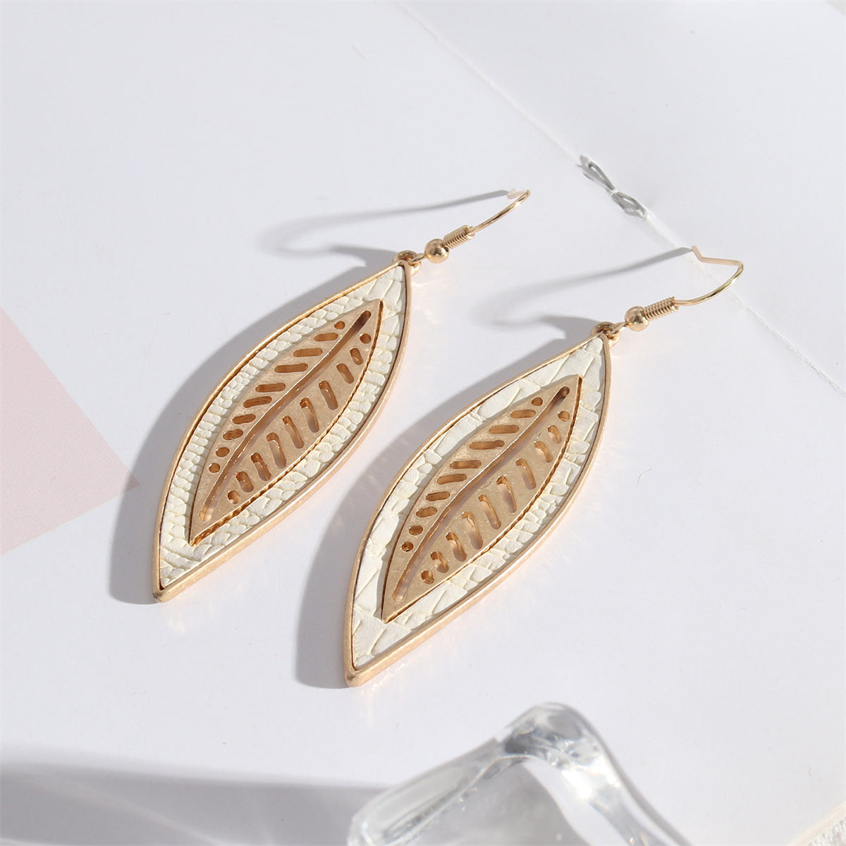 White Polyurethane & 18K Gold-Plated Weave Leaf Drop Earrings