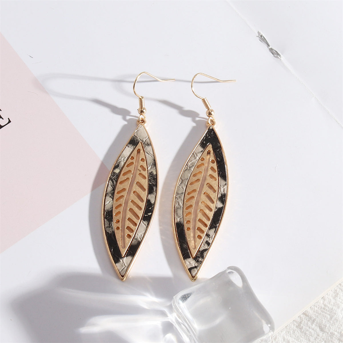 Gray Polyurethane and 18K Gold-Plated Snakeskin-Embossed Leaf Drop Earrings, gold drop earrings for women, front view