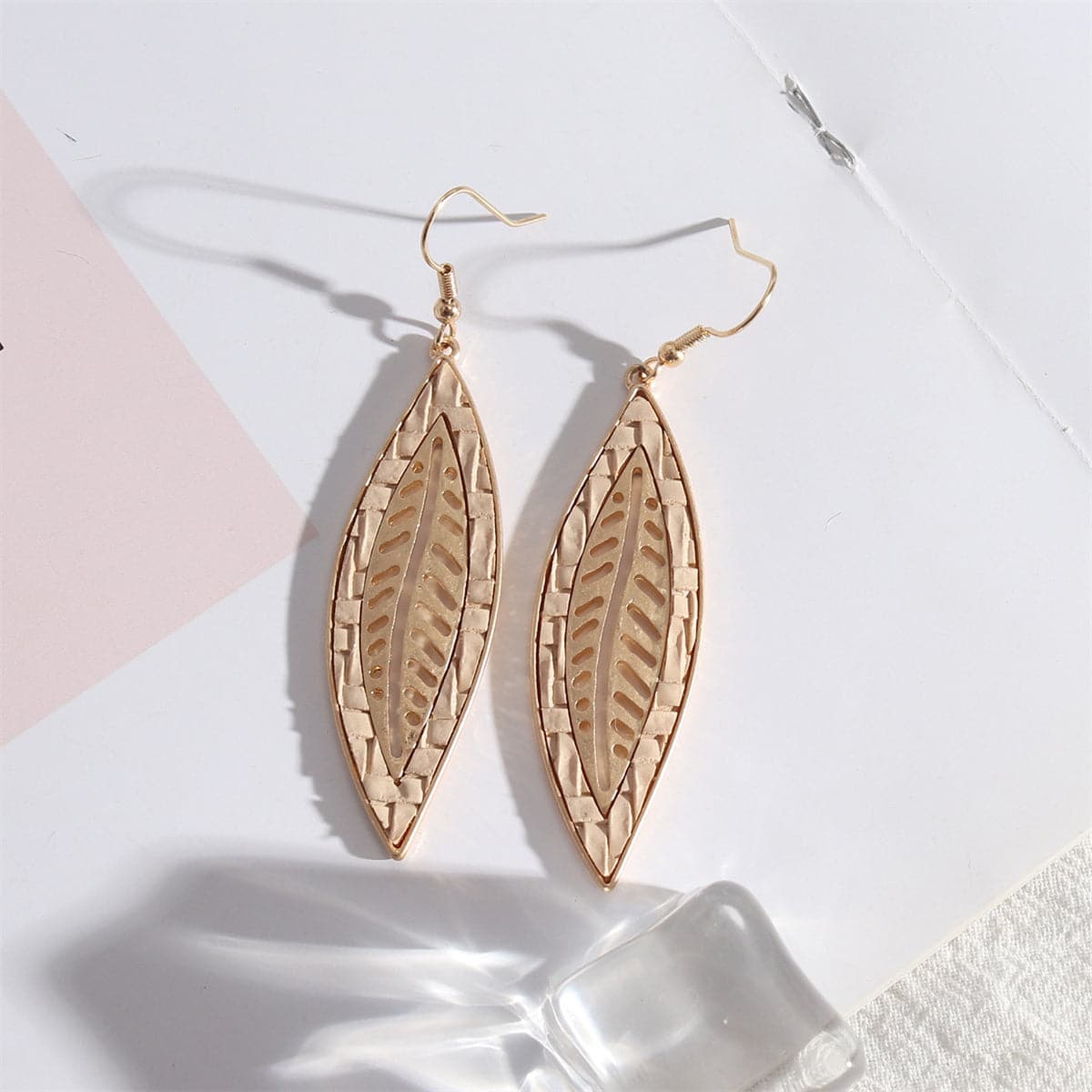 Beige Polyurethane and 18K Gold-Plated Weave Leaf Drop Earrings, gold drop earrings for women, front view