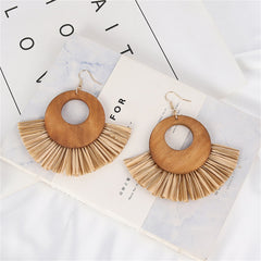 Coffee Raffia & Wood Fan Drop Earrings