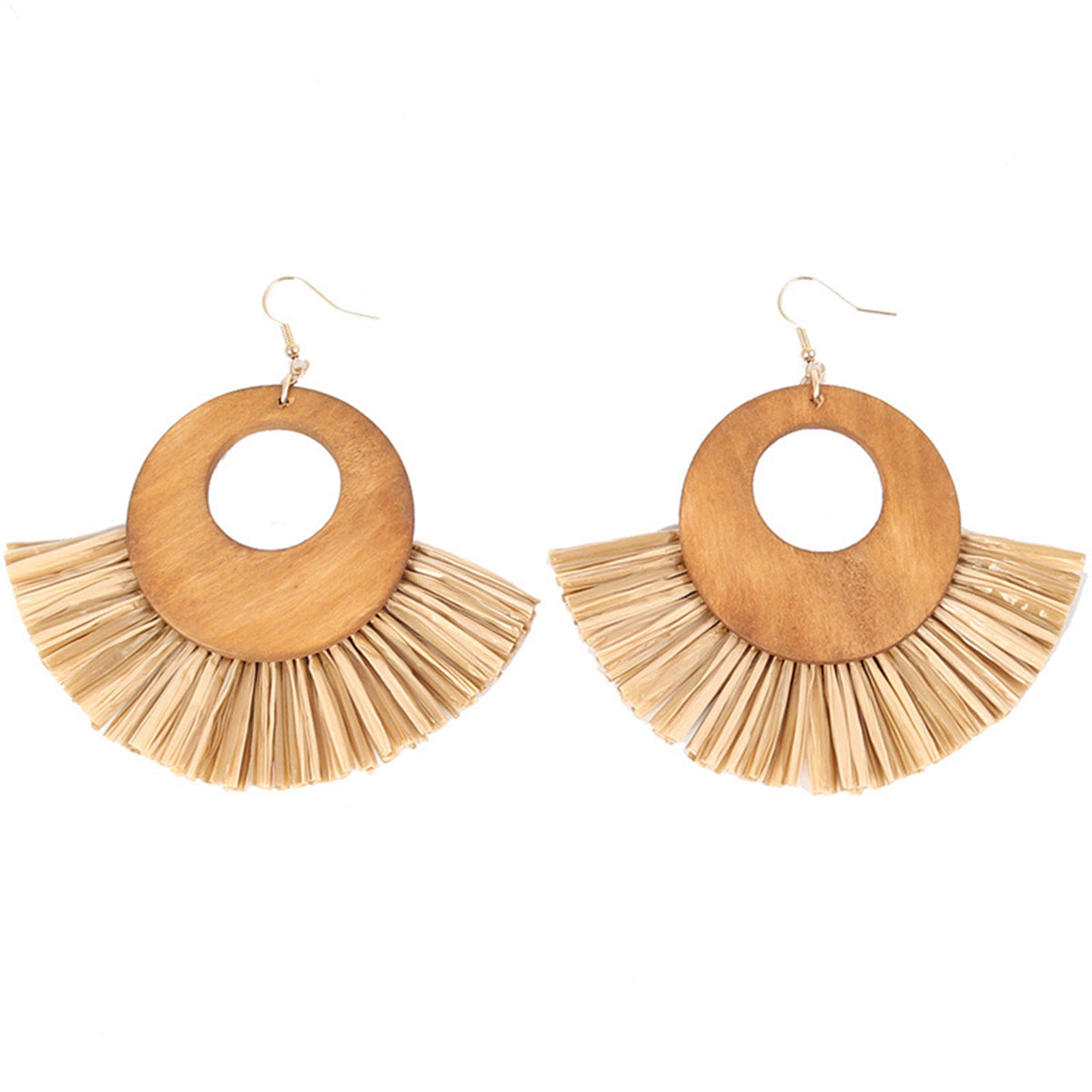 Coffee Raffia & Wood Fan Drop Earrings