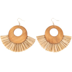 Coffee Raffia & Wood Fan Drop Earrings