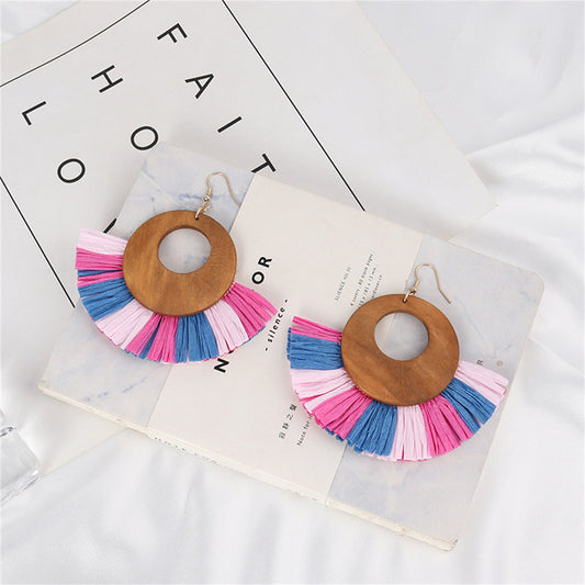 Pink Raffia and Wood Fan Drop Earrings, drop earrings for women, botanical inspired, front view