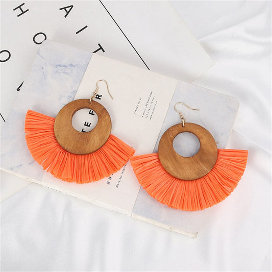 Orange Raffia and Wood Fan Drop Earrings, drop earrings for women, dainty minimalist design, front view