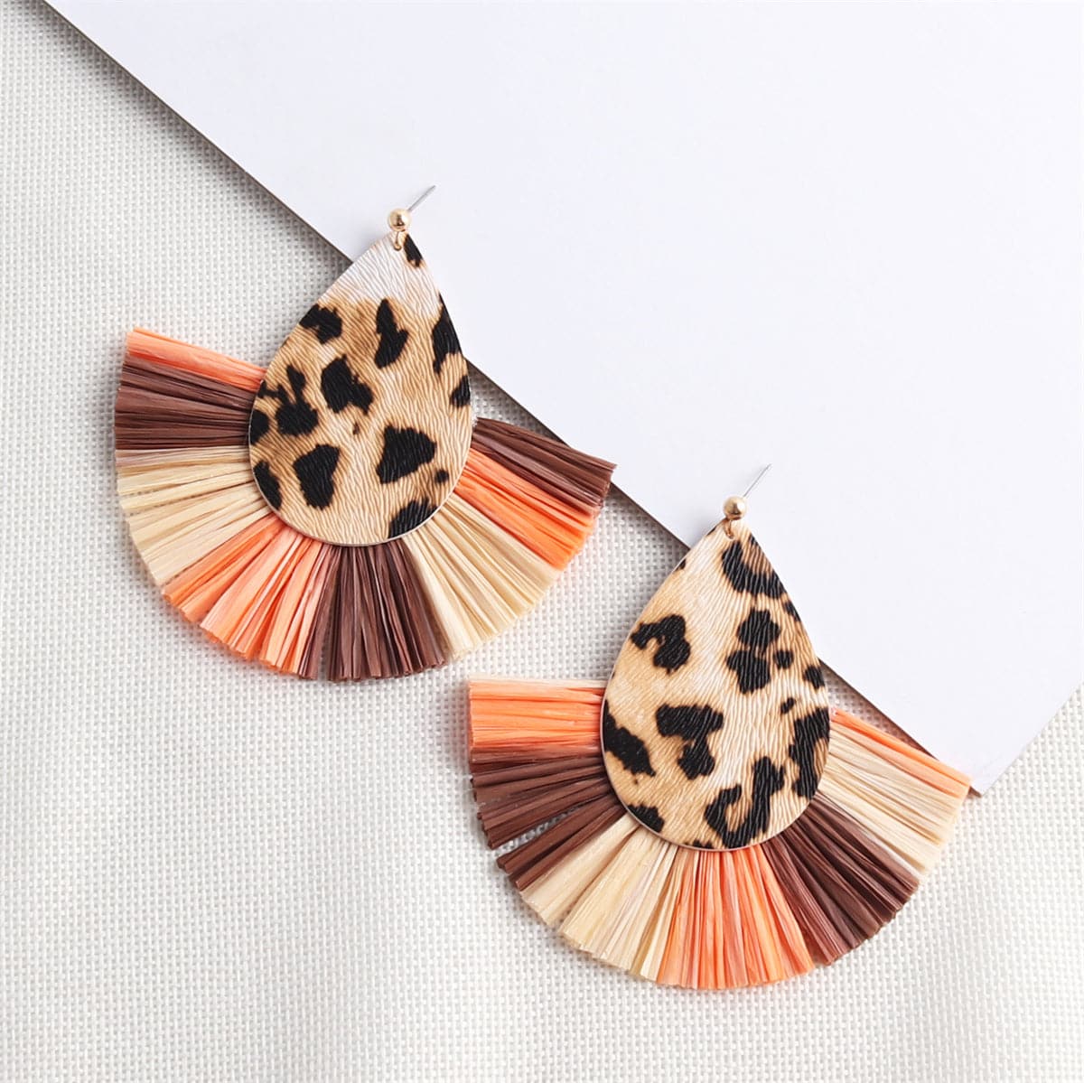 Brown & Coral Raffia Leopard-Print Fan Drop Earrings