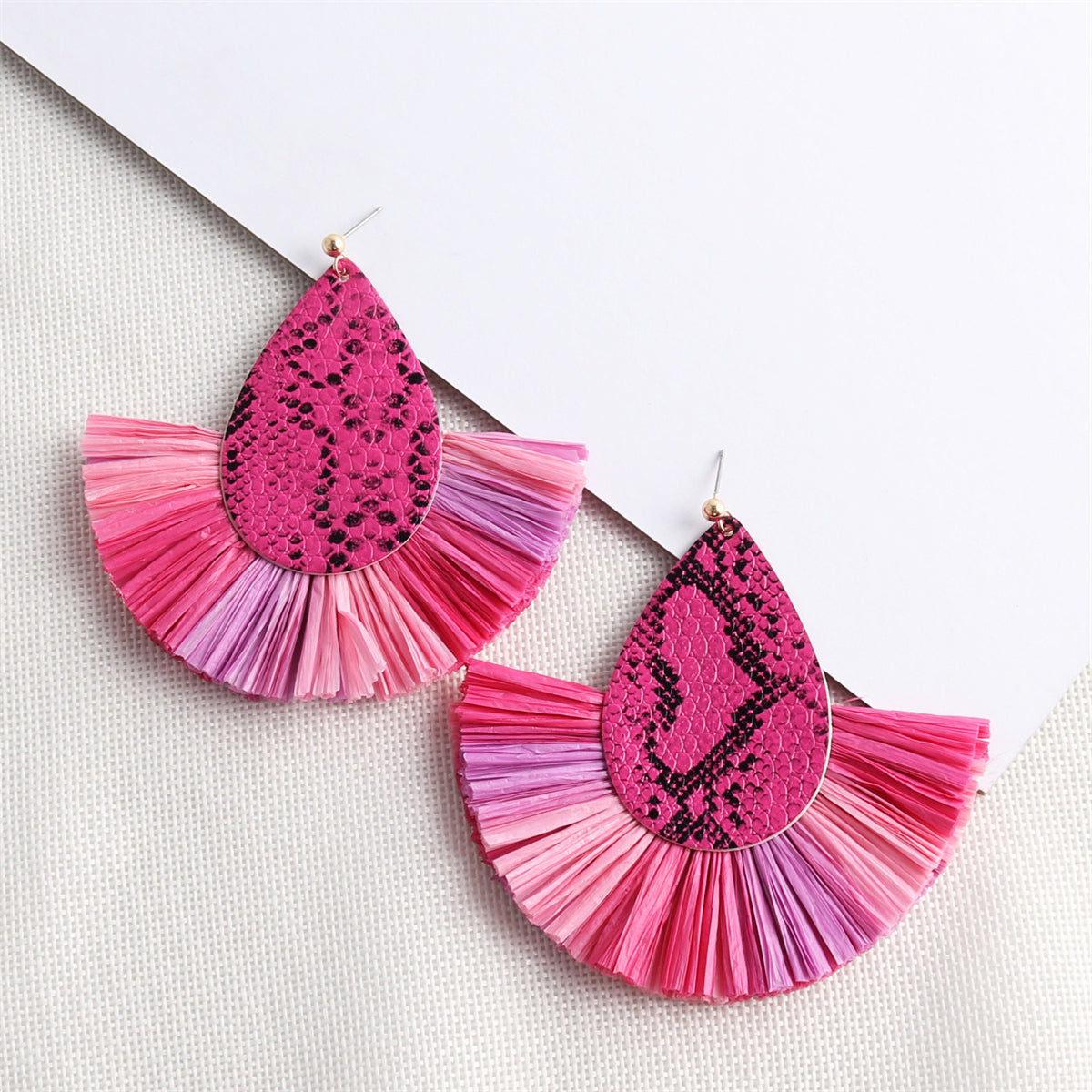Rose Polyurethane and Raffia 18K Gold-Plated Snake-Embossed Fan Drop Earring, gold drop earrings for women, front view
