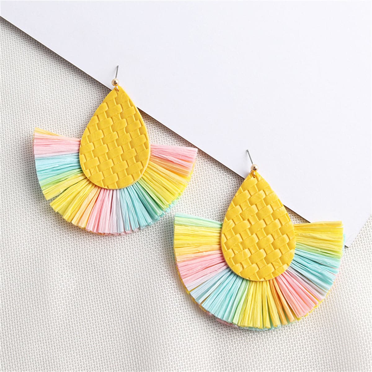 Yellow and Pink Fringe Pear Drop Earrings, drop earrings for women, botanical inspired, front view