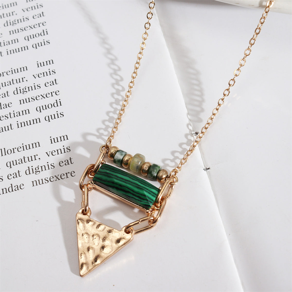 Malachite and Quartz 18K Gold-Plated Triangle Pendant Necklace, gold pendant necklace for women, everyday style, front view
