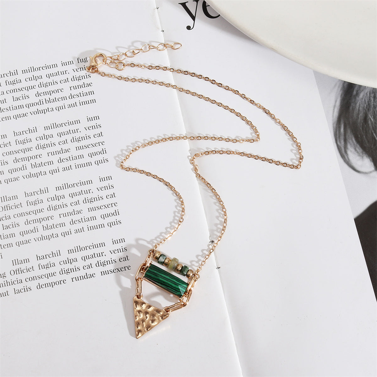 Malachite and Quartz 18K Gold-Plated Triangle Pendant Necklace, gold pendant necklace for women, everyday style, styled look