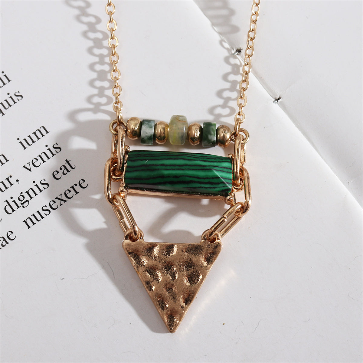 Malachite and Quartz 18K Gold-Plated Triangle Pendant Necklace, gold pendant necklace for women, detail close-up