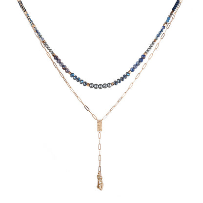 Blue and Two-Tone Heart Locket Layered Lariat Necklace, pendant necklace for women, dainty minimalist design, front view