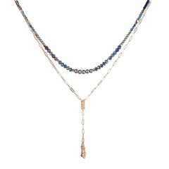 Blue & Two-Tone Heart Locket Layered Lariat Necklace