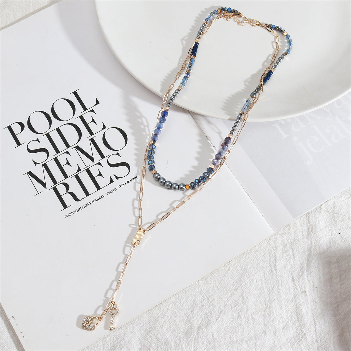 Blue and Two-Tone Heart Locket Layered Lariat Necklace, pendant necklace for women, dainty minimalist design, detail close-up