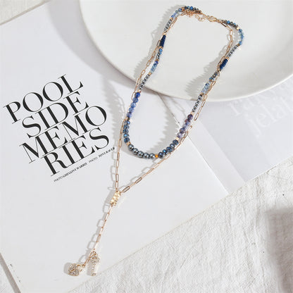 Blue and Two-Tone Heart Locket Layered Lariat Necklace, pendant necklace for women, dainty minimalist design, detail close-up