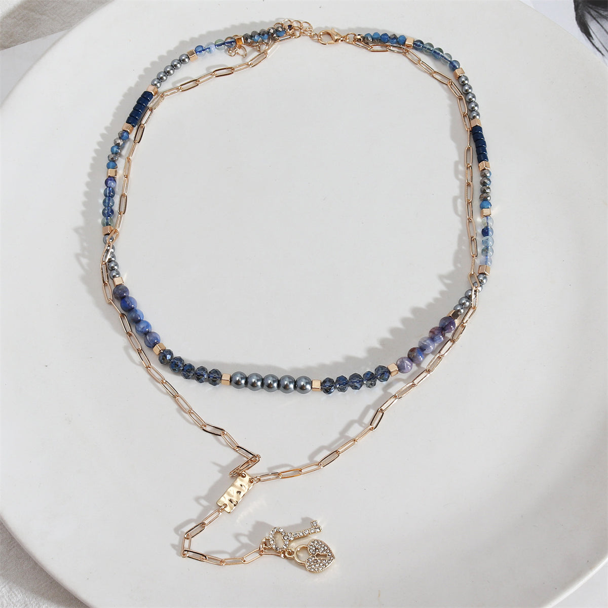 Blue and Two-Tone Heart Locket Layered Lariat Necklace, pendant necklace for women, dainty minimalist design, lifestyle look