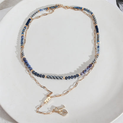 Blue and Two-Tone Heart Locket Layered Lariat Necklace, pendant necklace for women, dainty minimalist design, lifestyle look