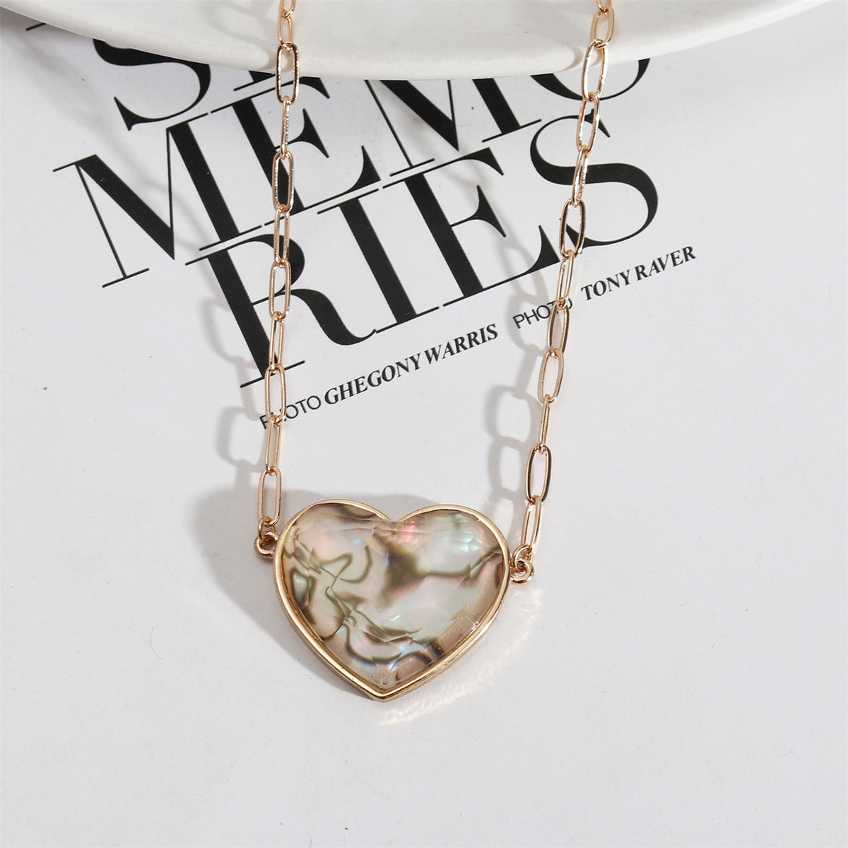 Shell and 18K Gold-Plated Marble Heart Pendant Necklace, gold pendant necklace for women, everyday style, front view