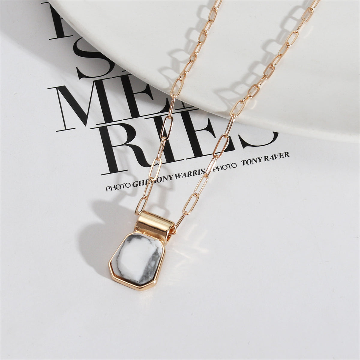 White Turquoise and 18K Gold-Plated Ladder Pendant Necklace, gold pendant necklace for women, front view