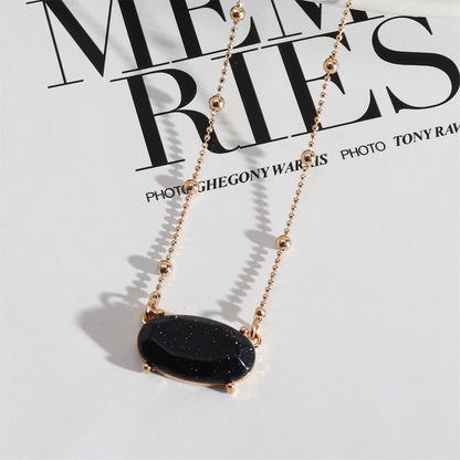 Blue Quartz and 18K Gold-Plated Oval Pendant Necklace, gold pendant necklace for women, botanical inspired, front view