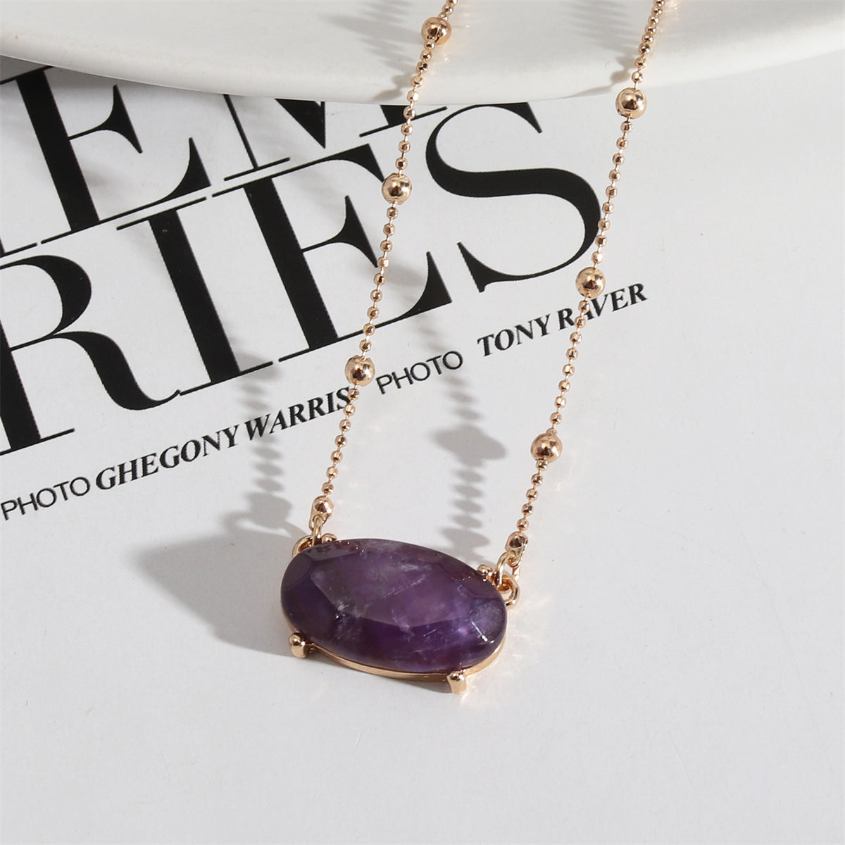 Purple Quartz and 18K Gold-Plated Beaded Chain Oval Pendant Necklace, gold pendant necklace for women, front view