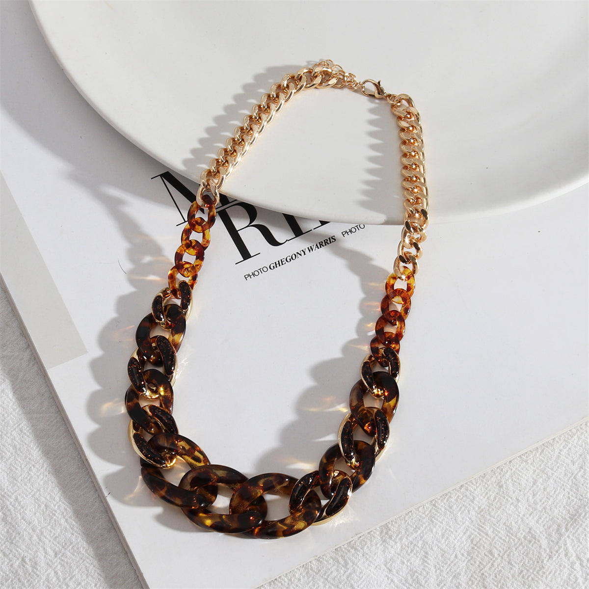 Amber Resin and 18K Gold-Plated Curb Chain Necklace, gold pendant necklace for women, dainty minimalist design, front view