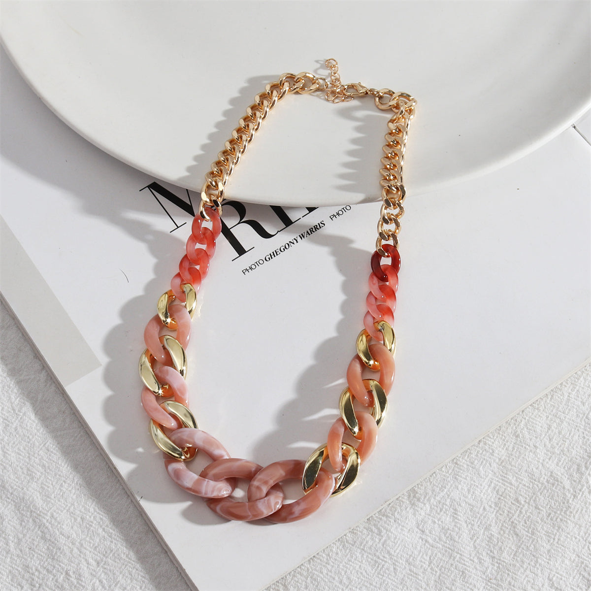 Pink Resin and 18K Gold-Plated Curb Chain Necklace, gold pendant necklace for women, elegant gift for her, front view