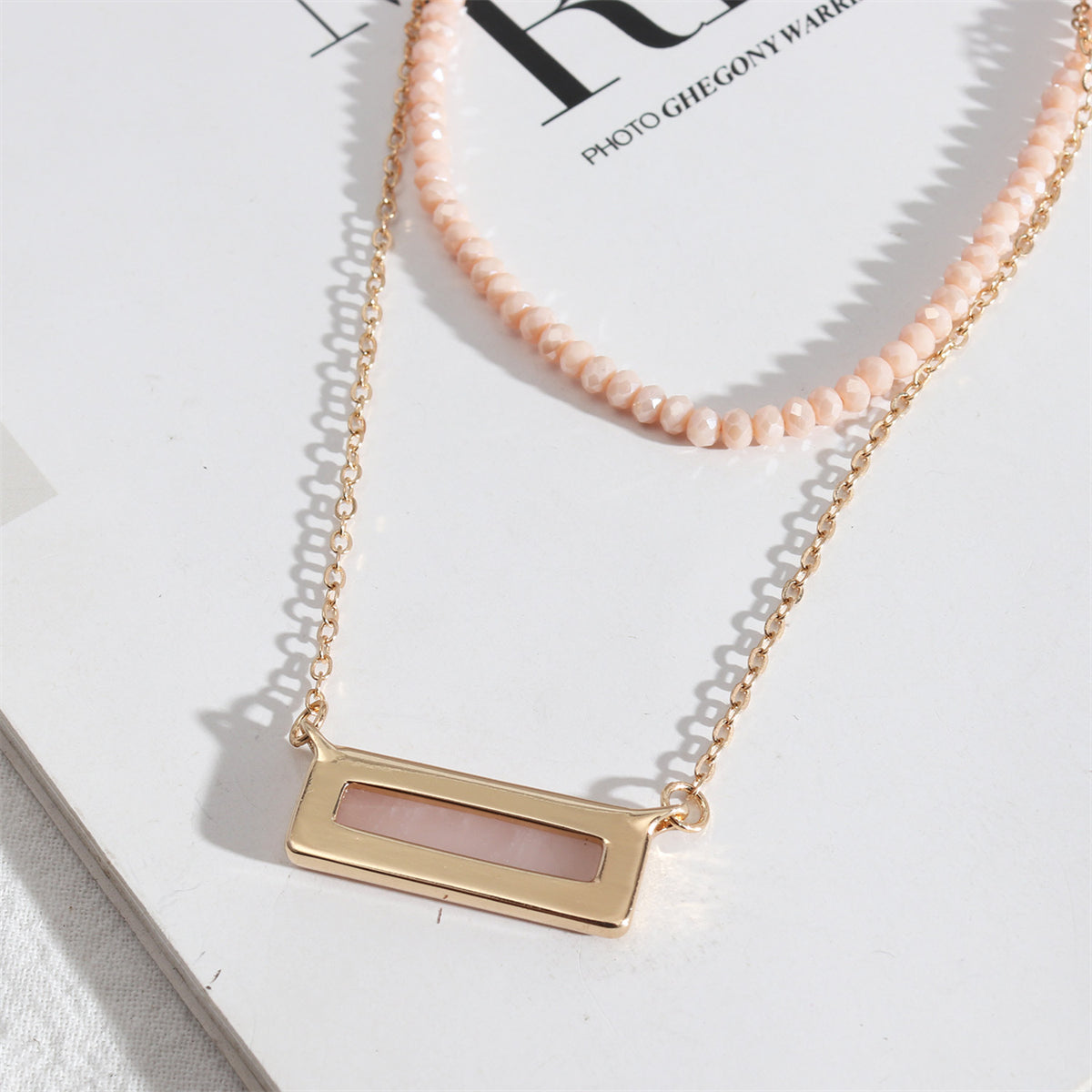 Pink Crystal and 18K Gold-Plated Bead Chain Layered Necklace, gold pendant necklace for women, lifestyle look