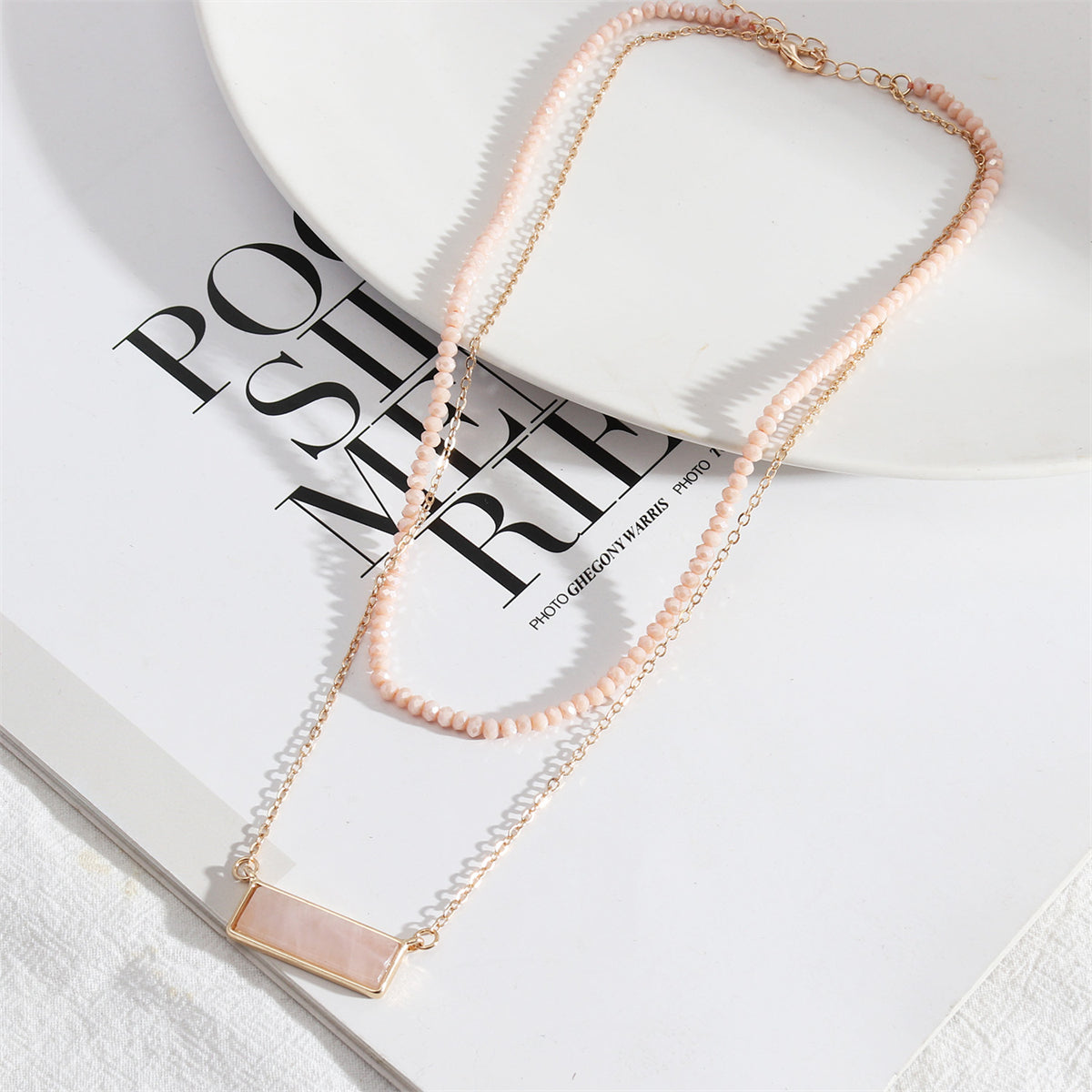 Pink Crystal and 18K Gold-Plated Bead Chain Layered Necklace, gold pendant necklace for women, styled look