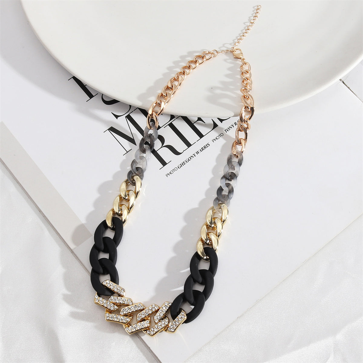 Cubic Zirconia and Resin 18K Gold-Plated Multicolor Curb Chain Necklace, gold pendant necklace for women, front view