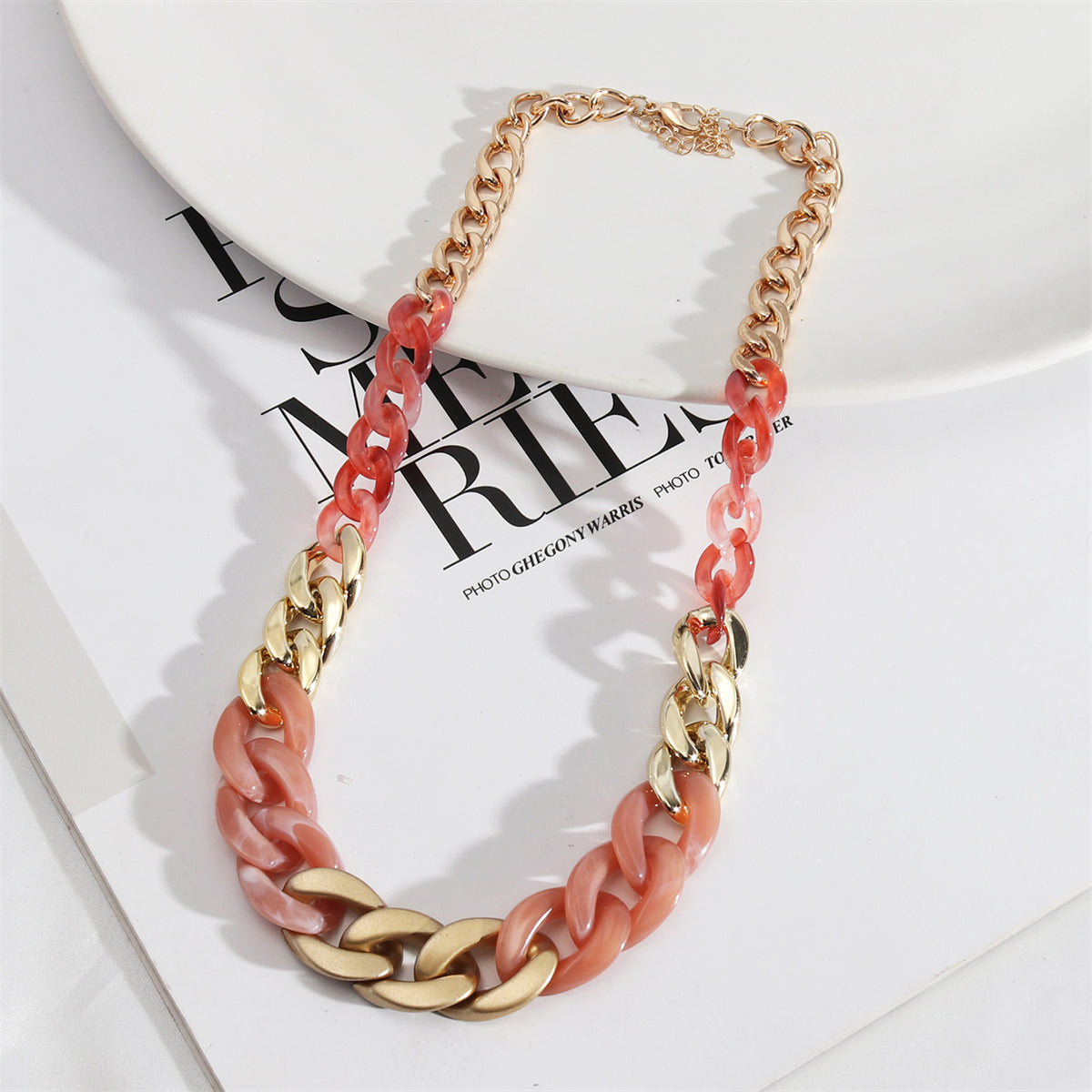 Amber Resin and 18K Gold-Plated Chain Link Necklace, gold pendant necklace for women, vintage-inspired design, front view