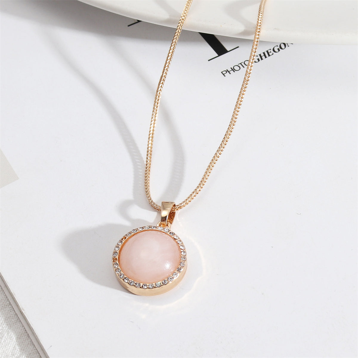 Cubic Zirconia and Pink Crystal Halo Round Wheat Chain Pendant Necklace, pendant necklace for women, front view