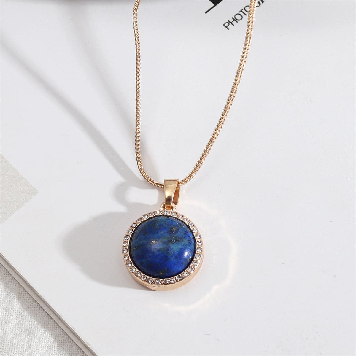 Blue Lapis and Cubic Zirconia Halo Round Pendant Necklace, pendant necklace for women, elegant gift for her, front view