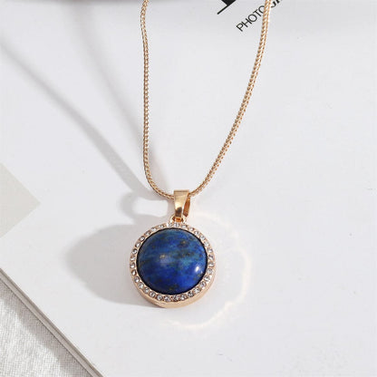 Blue Lapis and Cubic Zirconia Halo Round Pendant Necklace, pendant necklace for women, elegant gift for her, front view
