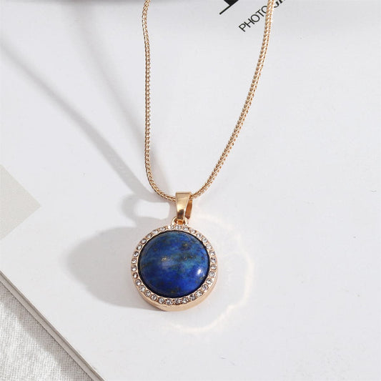 Blue Lapis and Cubic Zirconia Halo Round Pendant Necklace, pendant necklace for women, elegant gift for her, front view