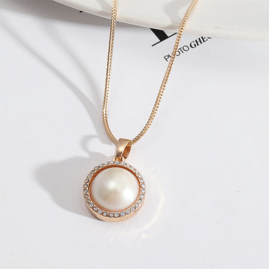 Pearl and Cubic Zirconia 18K Gold-Plated Halo Round Pendant Necklace, gold pendant necklace for women, front view