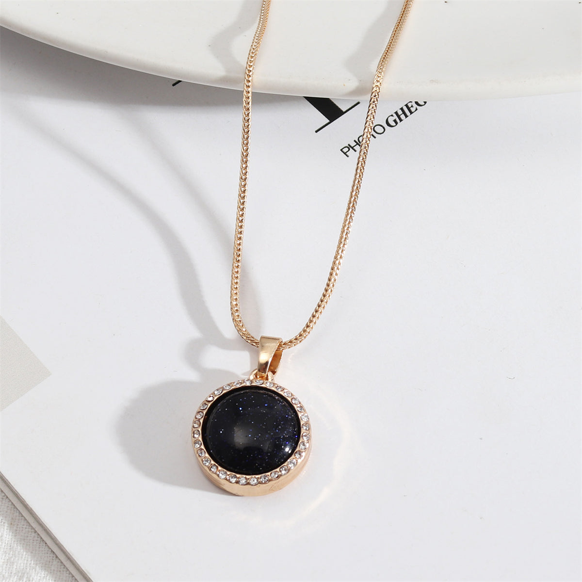 Black Quartz & Cubic Zirconia Halo Round Pendant Necklace