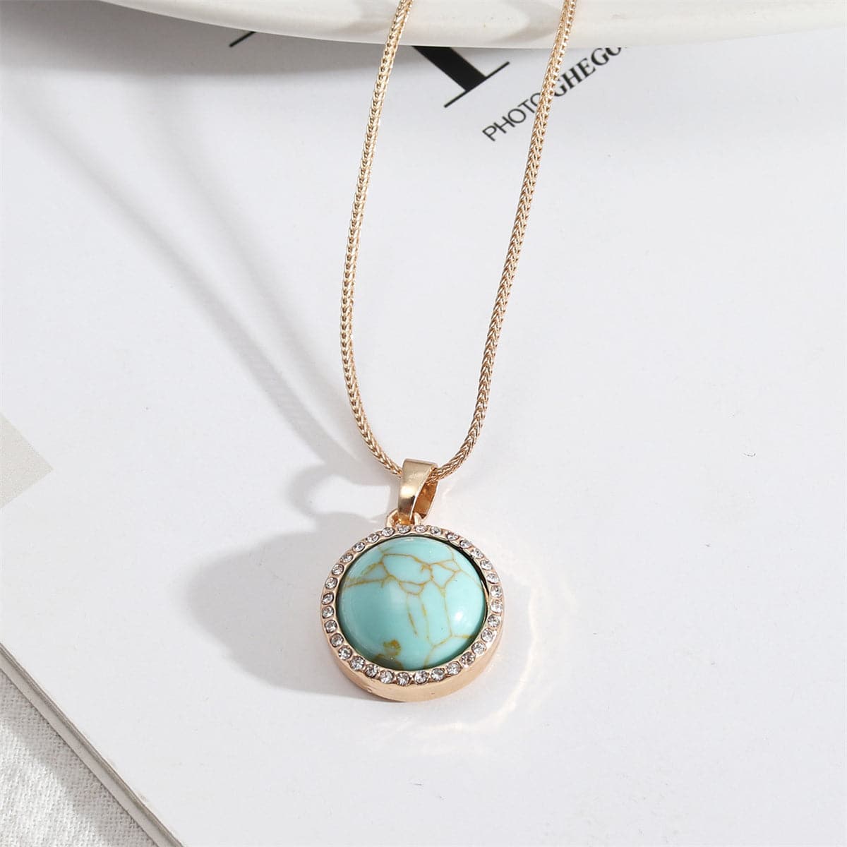 Turquoise and Cubic Zirconia 18K Gold-Plated Pendant Necklace, gold pendant necklace for women, front view