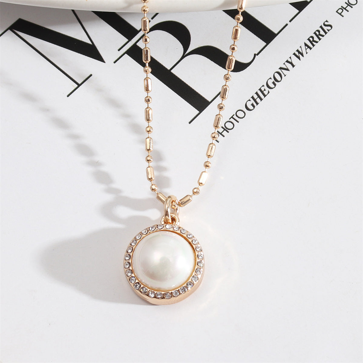 Pearl and Cubic Zirconia 18K Gold-Plated Ball Chain Halo Pendant Necklace, gold pendant necklace for women, front view