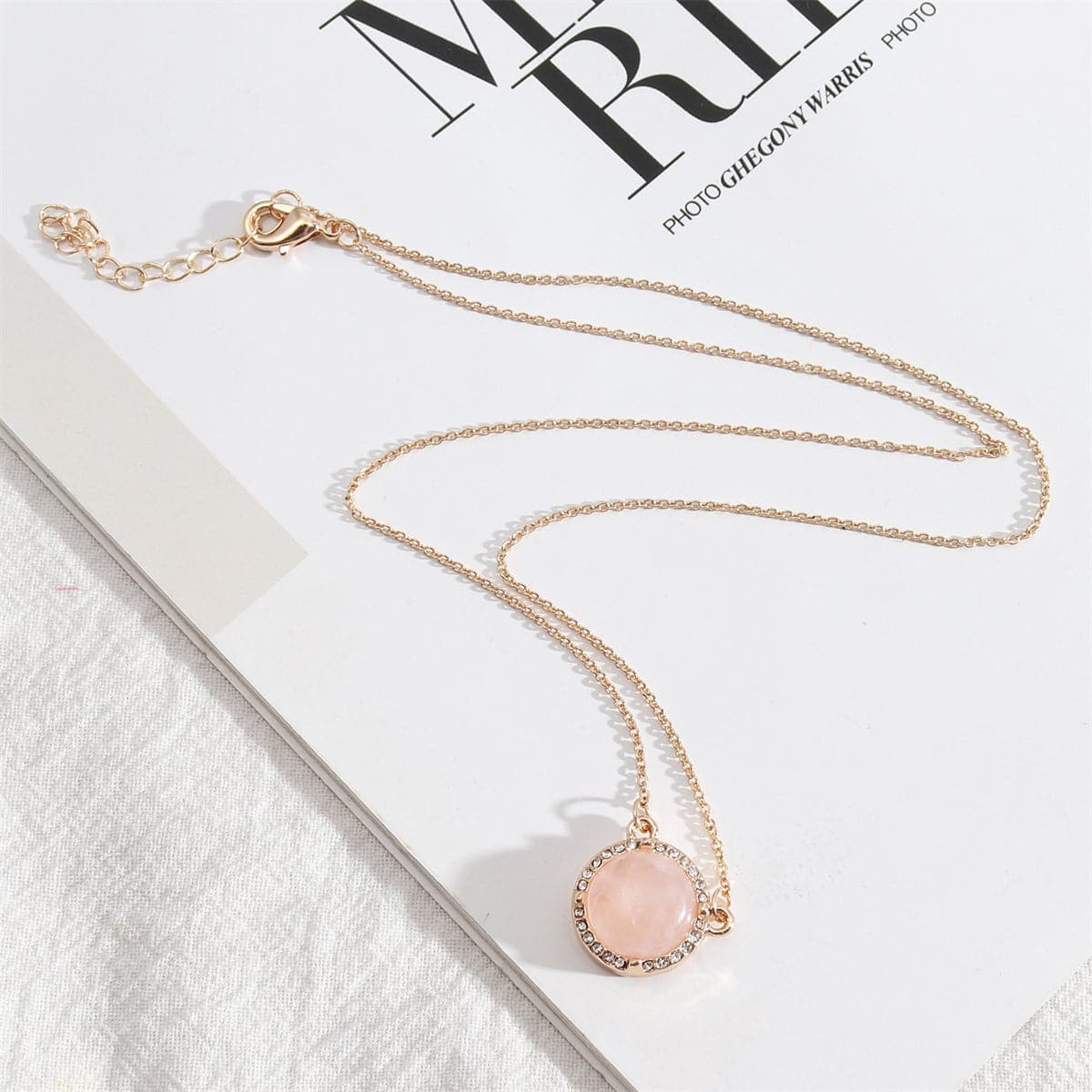 Cubic Zirconia and Pink Crystal Halo Round Pendant Necklace, pendant necklace for women, dainty minimalist design, side view